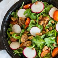 Farmers Citrus Salad · Arugula tossed in lemon vinaigrette topped with candied walnuts, red radishes, cherry tomato...