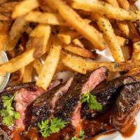 Steak Frites · 6oz Butchers Steak, Garlic Fries, Bearnaise, Sauce Poivre Vert