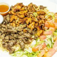 Chicken & Lamb Gyro Over Rice With Salad · 