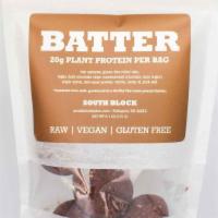 Batter · raw cashews, gluten-free oats, pea protein, vegan dark chocolate chips, maple syrup, raw cac...