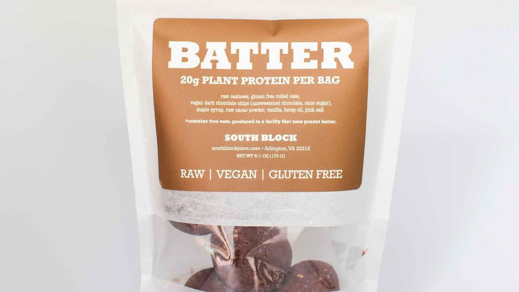 Batter · raw cashews, gluten-free oats, South Block plant protein, vegan dark chocolate chips, maple syrup, raw cacao powder, vanilla, pink salt (Raw, Vegan, Gluten-Free).