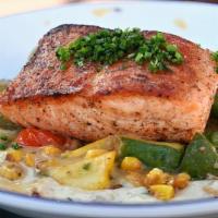 Seared Salmon · Pommes Purée with Smoked White Fish, Medley of Vegetables, Asparagus, Corn Velouté, Pickled ...