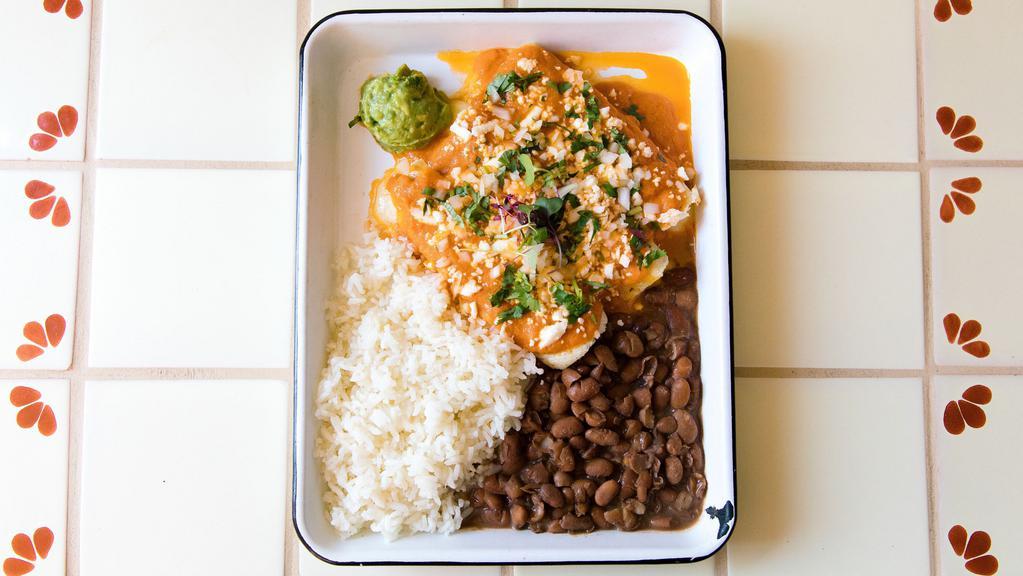 Cheese Enchiladas · House rolled heirloom tortillas stuffed with Oaxacan & Chihuahua cheeses and served with rice, pinto beans, guacamole and topped with queso fresco & choice of salsa (GF/vegetarian--> not w/mole)