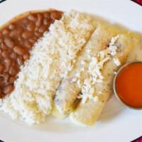 Kids Enchiladas · 2 cheese enchiladas served w/pinto beans & rice w/ranchera salsa on the side (GF/vegetarian)