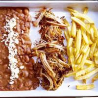 Kids Carnitas Platter · hormone-free orange and beer braised pork, fries, and pinto beans (contains gluten)