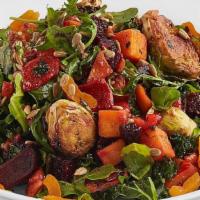Warm Roasted Local Veggie · Arugula, kale, beets, squash, brussels sprouts, peppers, sunflower seeds, pecans, apricots, ...