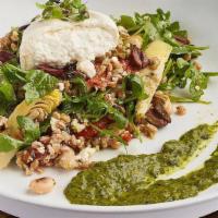 Tuscan Burrata Bowl · Farro, organic white beans, artichokes, oregano, roasted tomatoes, feta olives, arugula, hou...