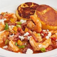 Shrimp + Grits · Grits cakes, goat cheese, scallions,. mixed peppers, ham and pecan smoked. bacon, creole red...