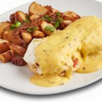 Eggs Benedict - Whole · American cured prosciutto, tomatoes, hollandaise, home fries with cholula onions.