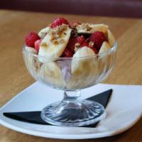  Acai Yogurt Banana Split Parfait · Acai yogurt, banana, raspberries, strawberries, local local chia coconut granola