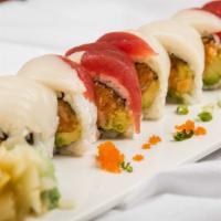 Red And White Roll · Spicy salmon, avocado and crunch inside topped with tuna and white tuna.