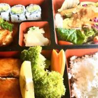 Salmon Tempura Dinner Bento Box · Served with miso soup, garden salad, California roll, shumai and rice.