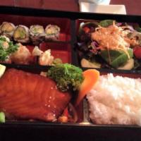 Salmon Teriyaki Dinner Bento Box · Served with miso soup, garden salad, California roll, shumai and white rice.