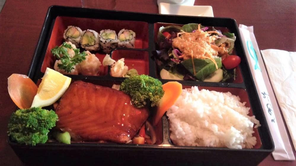 Salmon Teriyaki Dinner Bento Box · Served with miso soup, garden salad, California roll, shumai and white rice.