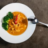 Panang Curry · Mild. Peanuts, red curry, coconut milk, Kaffir lime leaves, and steamed broccoli.