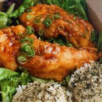 Chicken Tender Rice Plate · 2 piece chicken tender with 2 scoops of rice seasoned with furikake, and our house salad wit...
