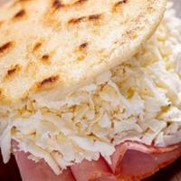 Jamón Y Queso · Arepa stuffed with ham and queso fresco. Gluten-free.