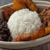 Bowl Pabellón Beef · Basmati rice, shredded beef, black beans and sweet plantains.