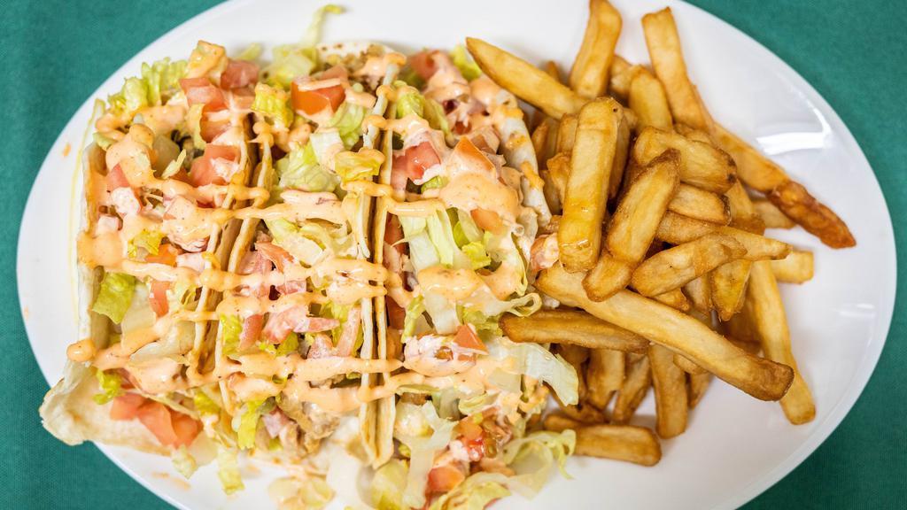 3 Fish Tacos & Fries · With Cajun mayo, lettuce, tomato, and onion.