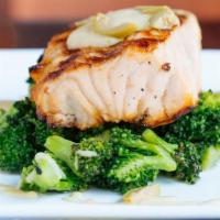Grilled Salmon · Broccoli,  limoncello, green olives