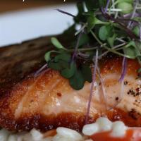 Maple Bourbon  Glazed Salmon · Crispy Skin-On Faroe Island Salmon |   Butternut Risotto | Asparagus