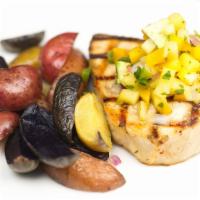 Cajun Swordfish · Mango Avocado Salsa | Cilantro - Lime Basmati | Sautéed Spinach