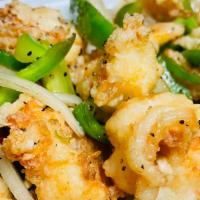 Salt & Pepper Shrimp Specialty · Fried shrimp, peppers and onion stir-fried lightly with seasonings, salt and black pepper.