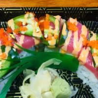 Hot Roll · Spicy. Eight pieces. Spicy salmon, avocado, jalapeÃ±o inside. Topped with tuna jalapeÃ±o and...