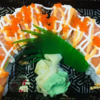 White Tiger Roll · Spicy. Eight pieces. Spicy crab and cucumber. Topped with salmon, spicy mayo and mayonnaise.