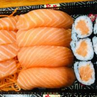 Salmon Platter · Four pieces of nigiri, four pieces of sashimi and a salmon roll.
