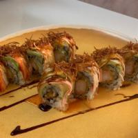 Manhattan Roll · Shrimp tempura cucumber inside.avocado warp with spicy crab meat and eel sauce spicy Mayo an...