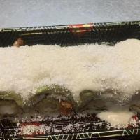 Sr19. Coconut Shrimp Roll 🥥🥥 · Crispy coconut shrimp, lobster meat inside; topped with avocado, coconut flakes in ruta sauce.
