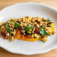 Farro Risotto · roasted carrots, chickpeas, summer squash, carrot puree .