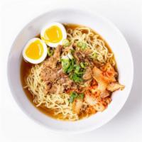 Miso Kimchi Ramen · Contains gluten, fish, and soy. Slurp worthy. Ramen noodles in pork broth with miso-braised ...