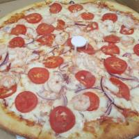 Shrimp Santorini Pizza · White or red. Comes with our seasoned blackened shrimp, olives and red onions, baby tomatoes...