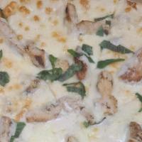 Flame Grilled Chicken Alfredo Pizza · Grilled chicken, Alfredo sauce with mozzarella cheese, provolone cheese. On a white base. Ou...