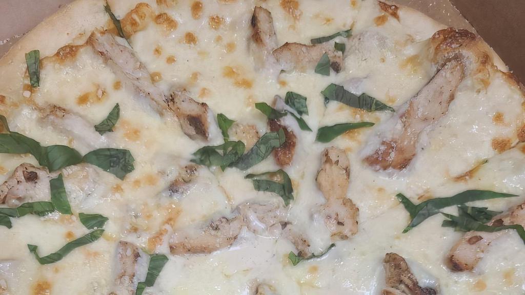 Flame Grilled Chicken Alfredo Pizza · Grilled chicken, Alfredo sauce with mozzarella cheese, provolone cheese. On a white base. Our grated blend of cheeses on top after cooked.