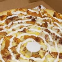 Femis Mega Fries Pizza · Crispy fries, bacon, Kraft Whiz cheese, mozzarella cheese. Topped with ranch.