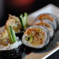 Spider Roll · Soft shell crab, cucumber, avocado, and masago.