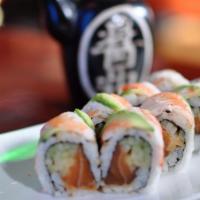 Tiger Roll · Spicy. Spicy salmon and cucumber topped with shrimp and avocado.