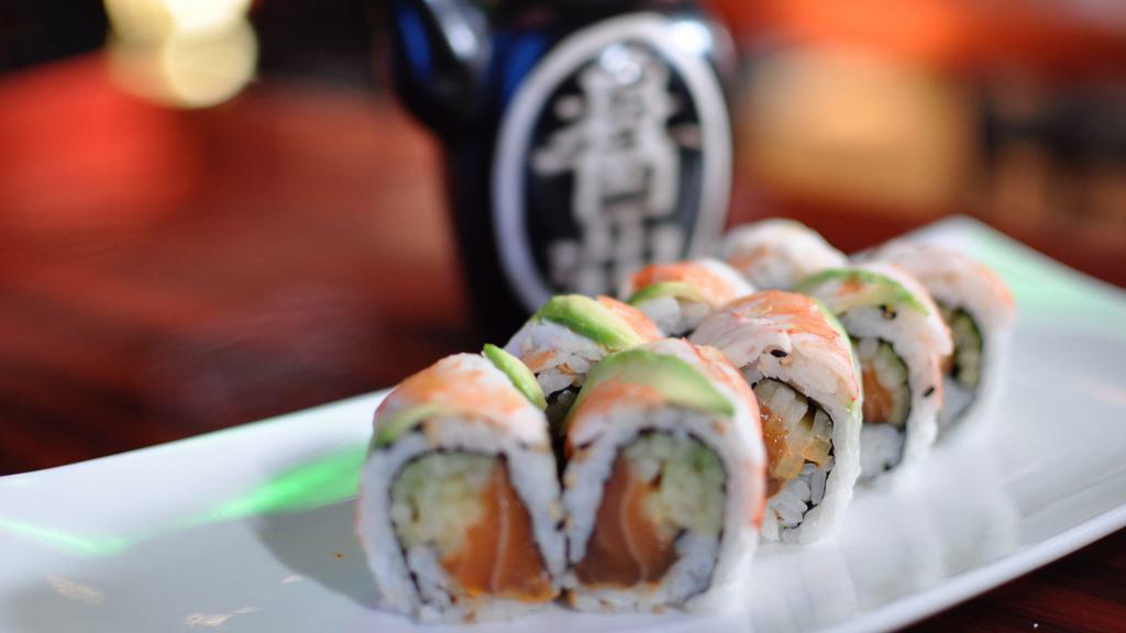 Tiger Roll · Spicy. Spicy salmon and cucumber topped with shrimp and avocado.