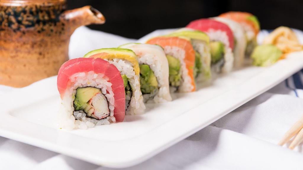 Rainbow Roll · Assorted raw fish layered on top of California roll.