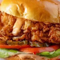 Chicken Sandwich · Chicken placed on toasted bun with Mayo coleslaw and  pickles