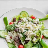 Greek Salad · Romaine and Iceberg, crumbled Feta cheese, tomatoes, cucumbers, kalamata olives and red onio...