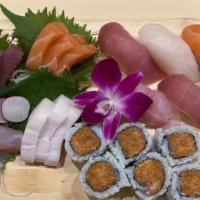 Sushi & Sashimi (For 1) · Five pieces sushi, eight pieces sashimi and a crunchy spicy salmon roll.