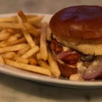 Buffalo Chicken Sandwich · Crispy chicken breast tossed in buffalo sauce with sauteed onions, ranch, and bleu cheese cr...