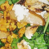 Spinach & Pear Salad · Spinach, grilled chicken, goat cheese, roasted pears, and candied walnuts with balsamic vina...