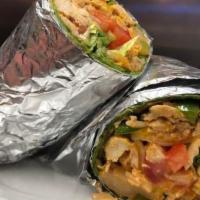 Chicken Fajita Wrap · Grilled chicken, bell peppers, cheddar and pepper jack cheese, onions, rice, lettuce, tomato...