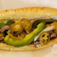 Steak Bomb · Steak Bomb with American Cheese, Sautéed Peppers & Onions and Mushrooms on a Toasted Sub Roll.