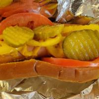 Chicago Dog · Tomato, Banana Peppers, Dill Pickles, Mustard, Relish, Onions & Celery Salt